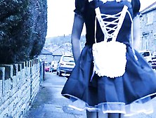 French Maid Crossdresser Outdoors On A Council Estate