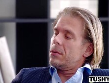 Hazel is having gentle anal sex with her boss after giving him an attractive oral-sex