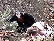 Blonde Babe Gets Slammed By Two Masked Guys After A Chase Through The Woods