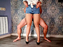 Fucking Step Sister's Luxury Legs and Thighs in Pantyhose and Jeans Shorts