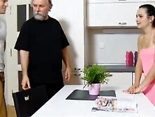 Dumb girl lets old man fuck her tight shaved pussy on the kitchen table