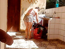 I caught my stepdaughter washing clothes in shorts,  I got horny and liked her super hot pussy