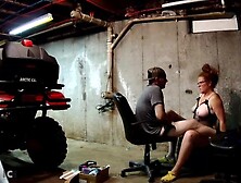 Red-head helps play with huge cock