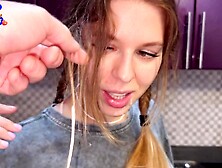 The flatmate-chick doesn't mind periodic fucking in the kitchen and get jizz in her mouth and pigtails