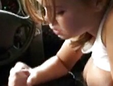 Busty brunette Brandy suck while his Bf driving on car