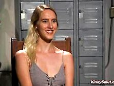 Bound blonde sub deep throat and cunt fucked in threesome