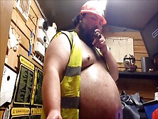 Oiled-Up Construction Worker Indulges In His Grizzly Fetish,  Smoking A Cigar And Embracing His Chubby Physique