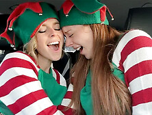 Nadia Foxx & Serenity Cox as Horny Elves Cumming in Drive Thru with Remote Co...