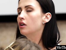 See breathtaking golden-haired boss dominate a cute lesbo brunette hair