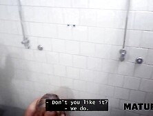 MATURE4K. Redhead older floozy is having sex in prison shower during the time that everybody is watching