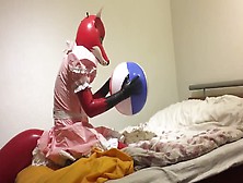 Rubber Fox Maid Plays With Beach Ball