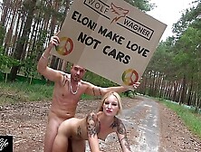 Nude protest in front of Tesla Gigafactory Berlin Pornshooting against Elon Musk