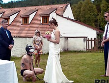 A hot bride is getting fucked outdoors by her husband in a steamy scene