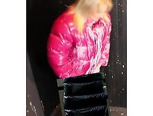 Dumb Woman In Shiny Down Jacket Getting Soaked.