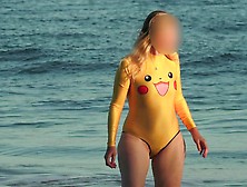 Swimsuit Pussy Shows Sheer Transparent Beach. Avi