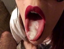 Teen Red Lipstick Closeup Blowjob,  Cum On Tongue And Swallow