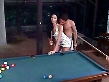 Two Guys And Brunette Shemale Drilling On Billiards Table