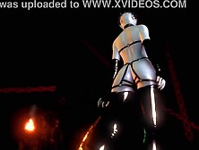 Gothic slavemaster Pinhead female in SADOMASOCHISM suit dancing solo in dungeon