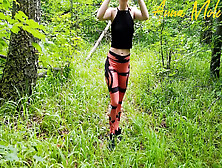 Outdoor Masturbation,  Girl In Leggings Walking In The Woods Mast