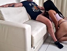 Brunette swallowing dong all over the house