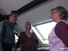 Grandma & Grand-Dad Entice Their Cleaning Lady And Eagerly Lick Their Vagina Clean