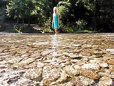 Sexy T-Girl Swimming In Mountain River And Wetting Teal Summer D