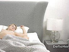 Sleeping beauty Mila DeArmas rubs her shaved pussy