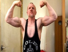 Ripped Muscle Daddy Showcases Massive Biceps In A Vest Before Stripping Down,  Jerking Off,  And Releasing A Load.