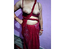 Indian Desi Bhabhi In Red Saree Foreplay For Making Video Of Her Dewar To Fucked Her