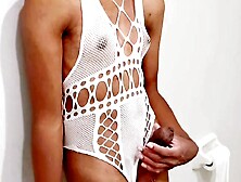 BBC Trans Girl Orgasims in White Bodysuit Skinny Sissy Femboy Masturbation Show Preview