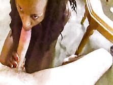 Chocolate ebony babe stares while cock sucking massive white cock