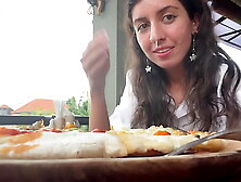 Walking with sperm on face in cafe - Chick eats pizza and blows jizz - Cumwalk