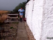 British amateur older housewife Allison in nylons and boots flashing her giant natural tits then on the table masturbating and t