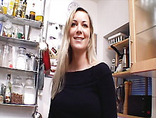 Outstanding German Milf With Huge Boobs Dildoing Her Shaved Muff In The Kitchen