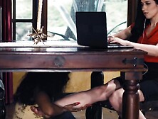 ALL BIMBOS RUBS - Hot Black Pleasures Her Busy Ex-Wife Under Table Before Licking Her Twat