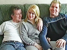 Short Amateur Blonde Fucks with Two Guys