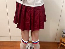 Cute Crossdresser White High Knee Socks Masturbates With Massage Gun And Cum