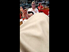 Voyeur's hidden camera secretly films a lovely lady's mature feet and toes in public