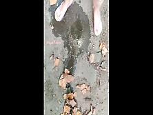 She Made A Monstrous Puddle Outdoor.  Watch Top Urination Movie With Pee Reverse At The End