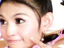 Super skinny Asian teen babe posing on bed