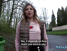 PublicAgent creampie for cute blond teen who fools around in public for cash flashing her melons and bald snatch outside