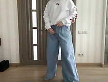 Palazzo Wide Leg Flared Blue Jeans And White Hoodie With Roses Print On Tranny Crossdresser Femboy