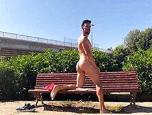 Perfect Body Man Naked On Public Bench