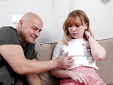 An old man fucked an Alien in missionary pose on the sofa