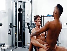 Naughty Black Guy Rides A Big White Cock In The Gym