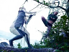 TATTOO piercing dreadhead lady gets tied up by LILY LU on public beach - kinbaku,  shibari,  bondage