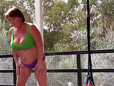 AuntJudys - 43yo Breasty Amateur JoJo Works Out on the Terrace