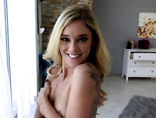 Smiley blonde chick Kali Roses sits her shaved pussy down on stepbrother's cock