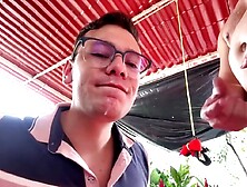 Sexy screw time with giant cum loads wearing leather boots and panties,  at the backyard of the abode