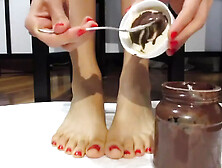 My Feet With Varnished Nails,  All Covered With Chocolate Cream